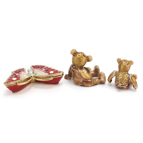 620 - Three jewelled and enamel gilt metal trinkets in the form of teddy bears and a butterfly, the larges... 