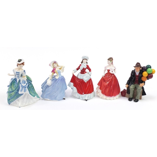 519 - Five Royal Doulton figurines with boxes including Molly and Linda, each 20cm high