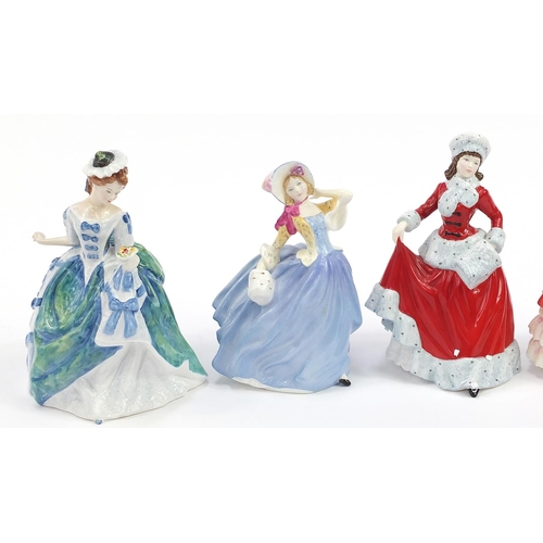 519 - Five Royal Doulton figurines with boxes including Molly and Linda, each 20cm high