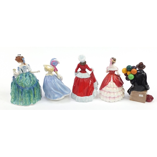 519 - Five Royal Doulton figurines with boxes including Molly and Linda, each 20cm high