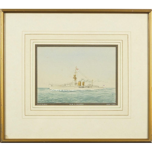 721 - HMS Columbo, East Indies, maritime heightened watercolour, monogrammed L J C and inscribed verso Fir... 