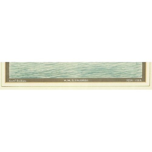 721 - HMS Columbo, East Indies, maritime heightened watercolour, monogrammed L J C and inscribed verso Fir... 