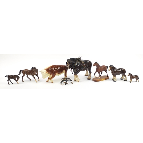 1065 - Collectable china animals including large Melba Ware work horse, Sylvac bull 3930 and Beswick horses... 