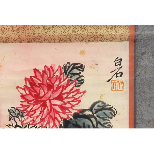 207 - Attributed to Qi Baishi - Chrysanthemums and chicks, Chinese ink and watercolour scroll with charact... 