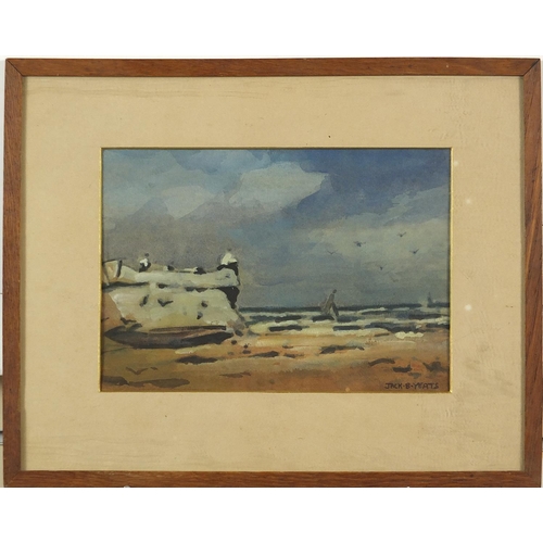 722 - After Jack Butler Yeats - Coastal landscape, heightened watercolour, inscribed verso Near Ballycastl... 