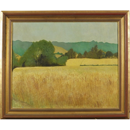 720 - Hay fields before trees, Irish school oil on canvas, mounted and framed, 50cm x 40cm excluding the m... 