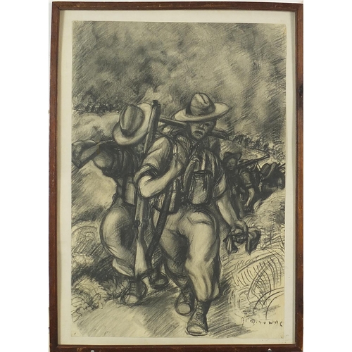 322 - Manner of Edward Ardizzone - Observations of the Korean War, charcoal, mounted, framed and glazed, 5... 