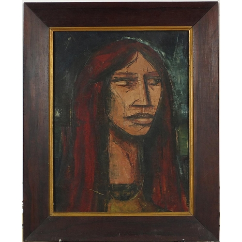 747 - Head and shoulders portrait of a Native American, oil on panel, framed, 43cm x 32cm excluding the fr... 