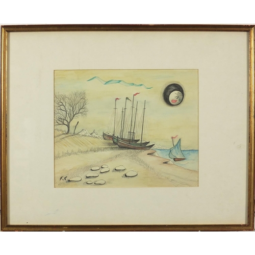 1144 - Harbour scene with moored boats, surreal watercolour and pencil, bearing a monogram F R, mounted, fr... 