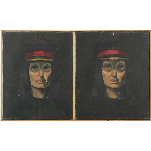 221 - Head One, Head Two, female portraits, oil on canvas, framed, each 76cm x 45.5cm excluding the frame