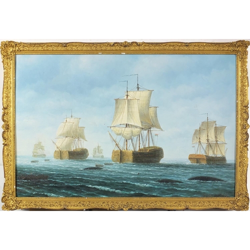 189 - Fleet of naval ships, maritime interest oil on board, framed, 70cm x 45cm excluding the frame