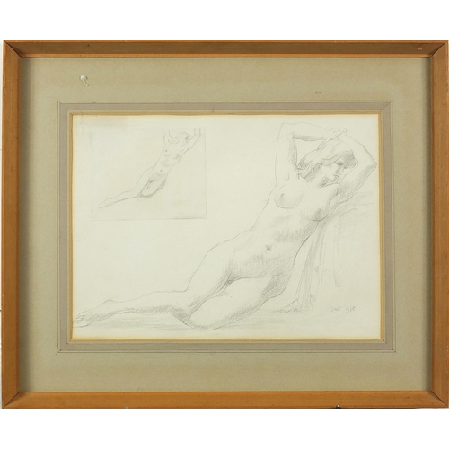 777 - Nude female studies, pencil drawing, mounted, framed and glazed, 42cm x 33cm excluding the mount and... 