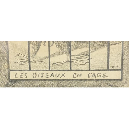 723 - Two birds in a cage, French pencil and charcoal, bearing a label verso, mounted, framed and glazed, ... 