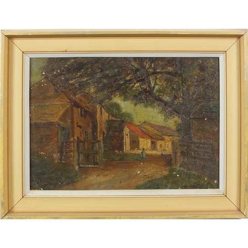 921 - Figure before a farmyard, French school oil on board, mounted and framed, 34.5cm x 24cm excluding th... 