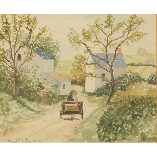 611 - Horse and cart on a path, French school watercolour, chalk marks and The Rowley Gallery label verso,... 