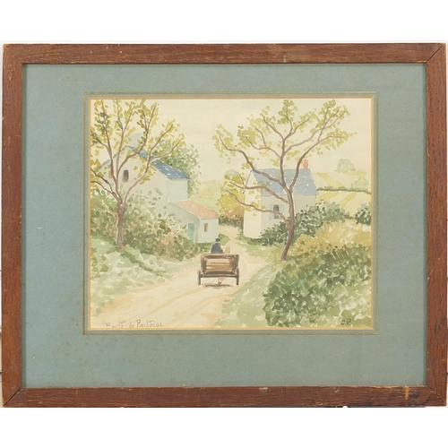 611 - Horse and cart on a path, French school watercolour, chalk marks and The Rowley Gallery label verso,... 