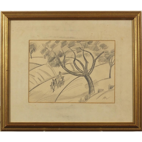 743 - Horse and cart beside trees, charcoal and pencil drawing bearing a monogram A M, mounted, framed and... 