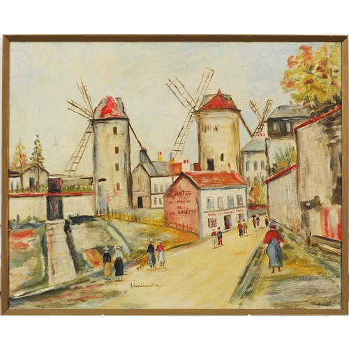 919 - After Maurice Utrillo - French town scene with windmills and figures, oil on canvas, Winsor & Newton... 