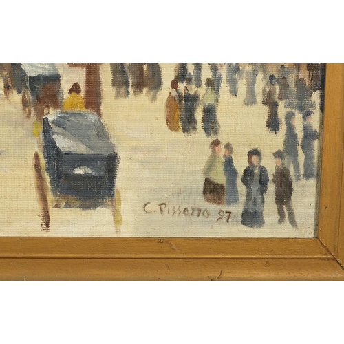 581 - After Camille Pissarro - Busy Parisian street scene with figures, French Impressionist oil on board,... 