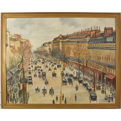 581 - After Camille Pissarro - Busy Parisian street scene with figures, French Impressionist oil on board,... 