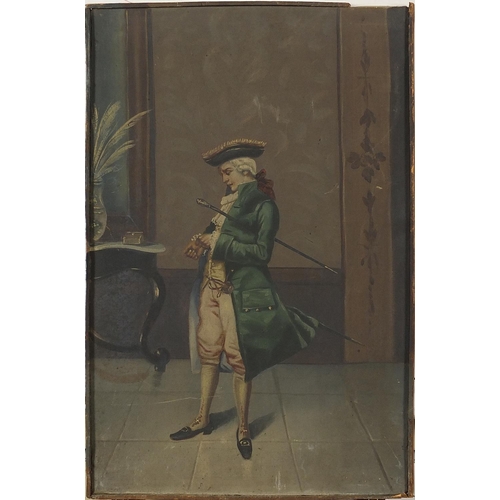 261 - Gentlemen wearing a frock coat, seated lady and child with a bird, set of three 19th century oil on ... 