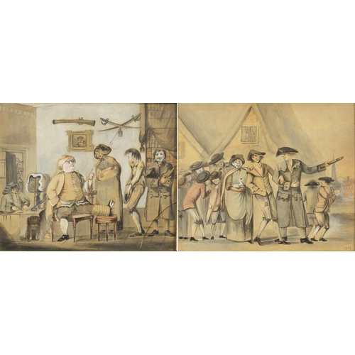 161 - Figures in an interior and procession of figures before a village, pair of 18th century heightened w... 