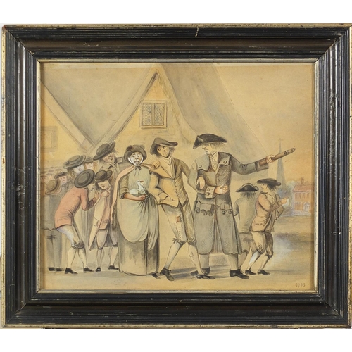 161 - Figures in an interior and procession of figures before a village, pair of 18th century heightened w... 