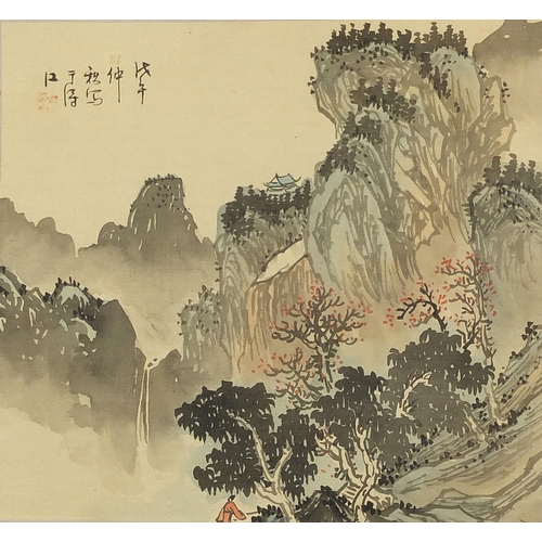 699 - Mountainous landscapes and pagodas, set of three Chinese watercolours on silk, each with character m... 