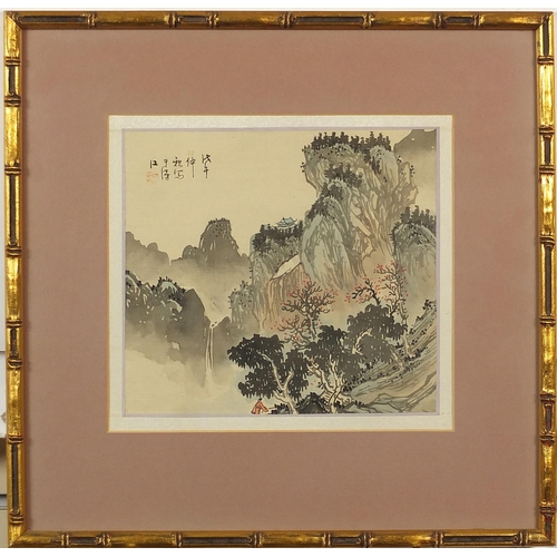 699 - Mountainous landscapes and pagodas, set of three Chinese watercolours on silk, each with character m... 