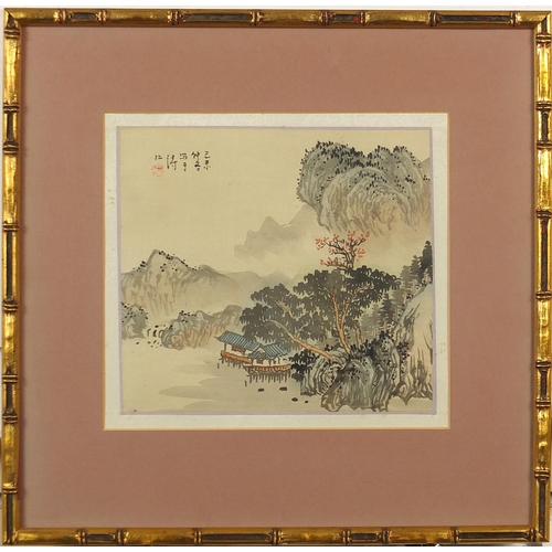 699 - Mountainous landscapes and pagodas, set of three Chinese watercolours on silk, each with character m... 