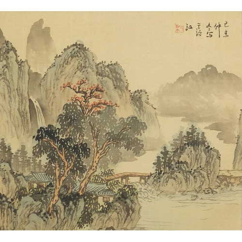 699 - Mountainous landscapes and pagodas, set of three Chinese watercolours on silk, each with character m... 