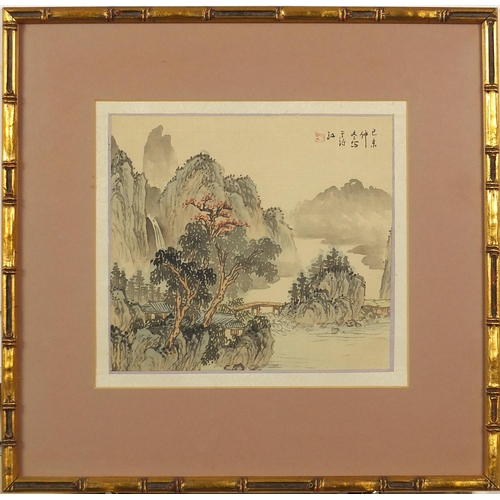 699 - Mountainous landscapes and pagodas, set of three Chinese watercolours on silk, each with character m... 