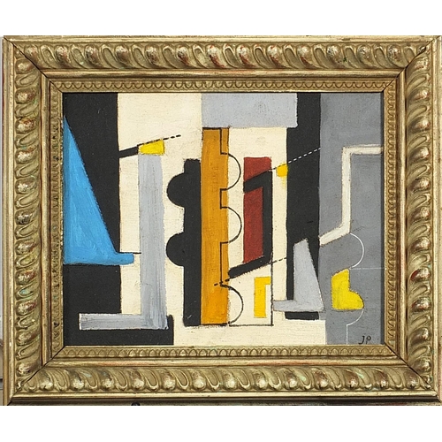 264 - Abstract composition, geometric shapes, oil on canvas laid onto board, mounted and framed, 28.5cm x ... 