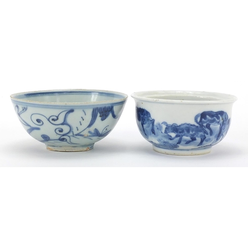 82 - Two Chinese blue and white porcelain bowls including one hand painted with animals in a landscape, t... 