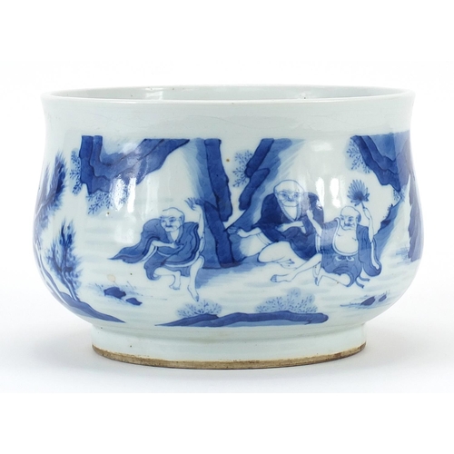 87 - Chinese blue and white porcelain censer hand painted with monks in a landscape, 19cm in diameter