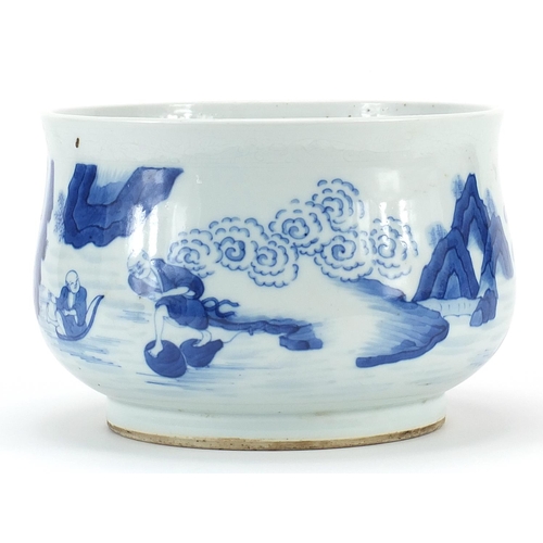 87 - Chinese blue and white porcelain censer hand painted with monks in a landscape, 19cm in diameter