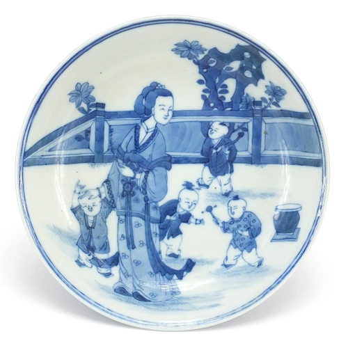 943 - Chinese blue and white porcelain stem dish hand painted with a mother and children, six figure chara... 