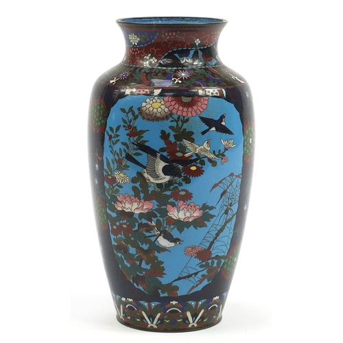 25 - Large Japanese cloisonne vase enamelled with birds of paradise amongst flowers, 34cm high