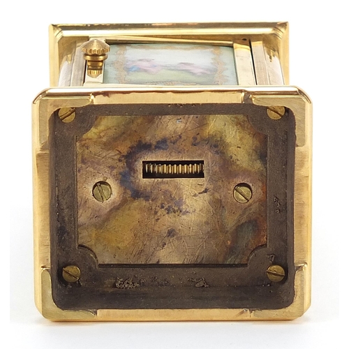 719 - Miniature brass cased carriage clock with Sevres style panels and swing handle, 8cm high