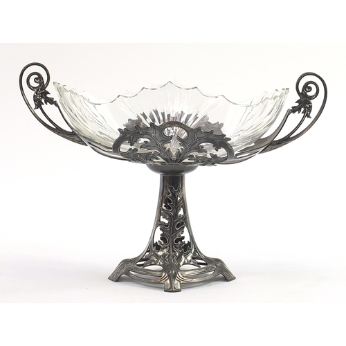 385 - Manner of WMF, German Art Nouveau pewter centrepiece with cut glass bowl, numbered 658 to the base, ... 