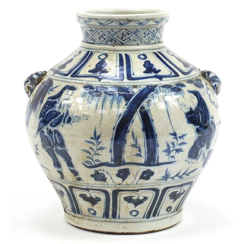 749 - Chinese blue and white stoneware vase hand painted with figures, character marks to the base, 26.5cm... 