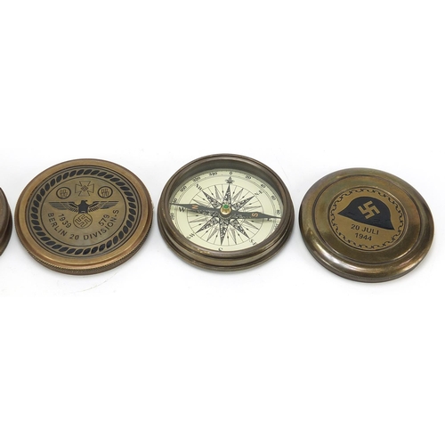 780 - Three naval interest brass compasses including two German style examples, each 7.5cm in diameter