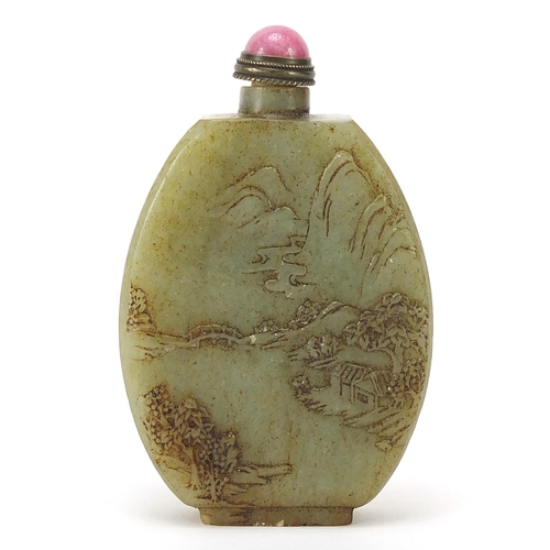 789 - Chinese green jade snuff bottle carved with deities and a landscape, 7.5cm high