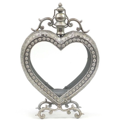 605 - Ornate silvered love heart tealight holder with glass panels, 52cm high