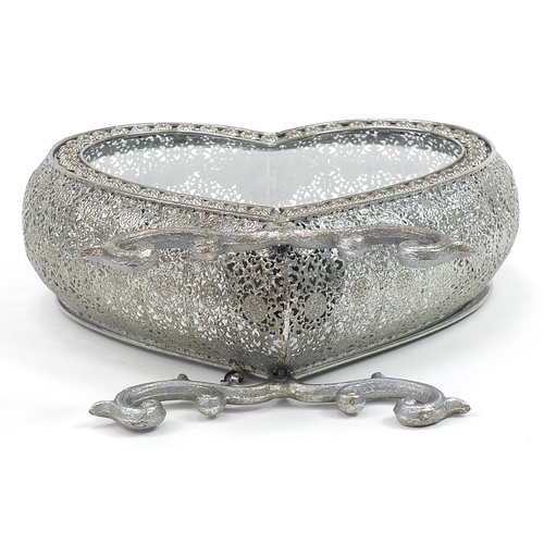 605 - Ornate silvered love heart tealight holder with glass panels, 52cm high