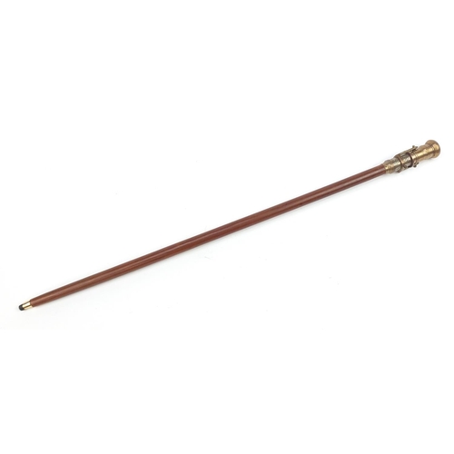 1081 - Hardwood walking stick with brass two draw telescope handle, 98cm in length