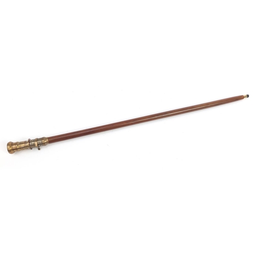 1081 - Hardwood walking stick with brass two draw telescope handle, 98cm in length