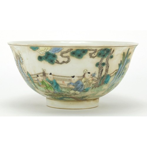 711 - Chinese porcelain footed bowl, hand painted in the famille Verte pallet with figures, six figure cha... 