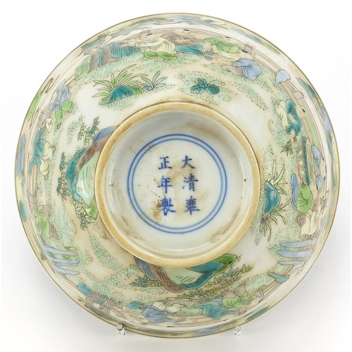 711 - Chinese porcelain footed bowl, hand painted in the famille Verte pallet with figures, six figure cha... 