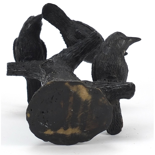 598 - Patinated bronze group of three birds, signed Barrie, 19.5cm high